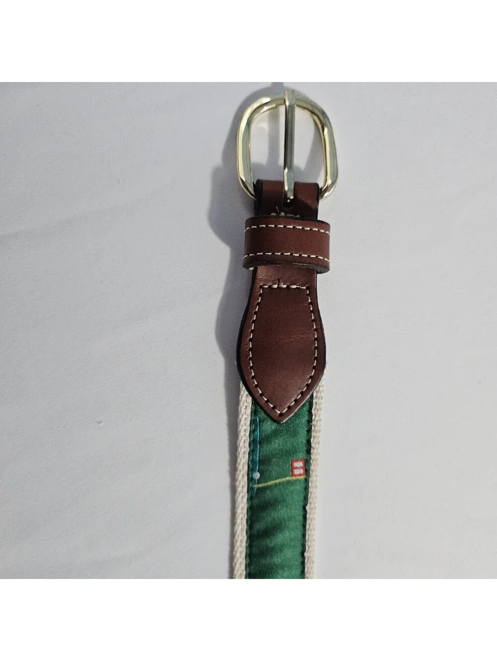 Golf Theme Canvas & Leather Belt Brown Leather Gold Buckle Green Golf Flag Clubs